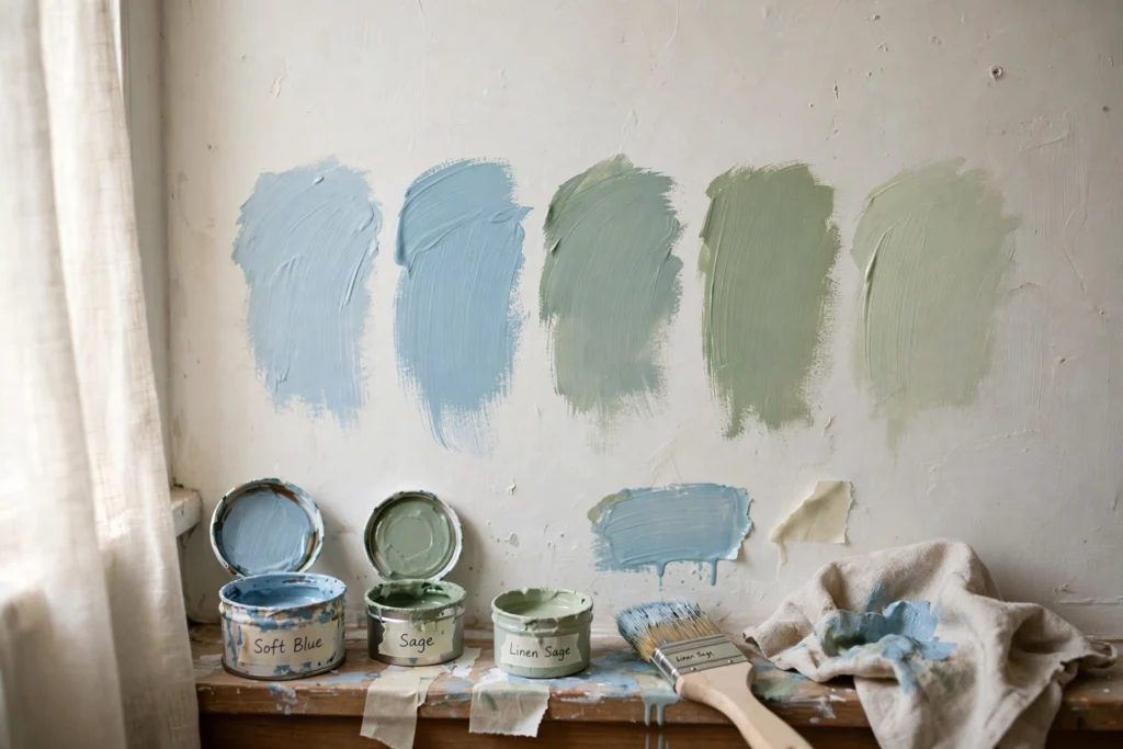 Paint sample swatches in eggshell finish tested on a small bedroom wall