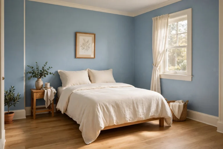 Small bedroom with powder-blue eggshell finish walls, warm white trim and natural oak floor