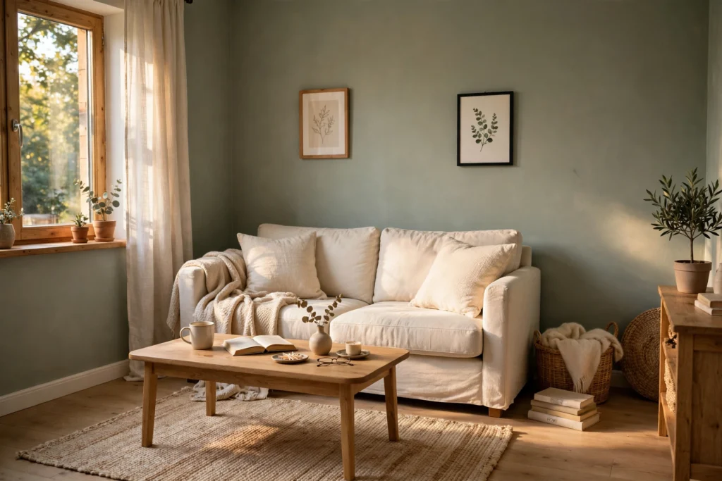 Small living room with soft matte sage walls and warm natural light