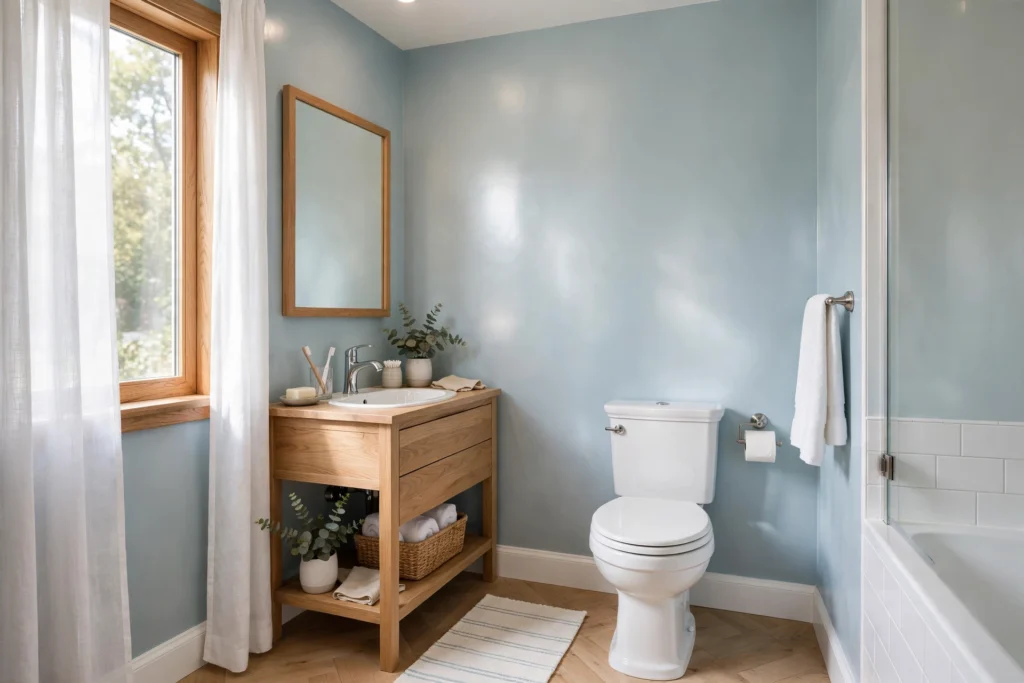 Small bathroom with satin finish walls bouncing soft daylight
