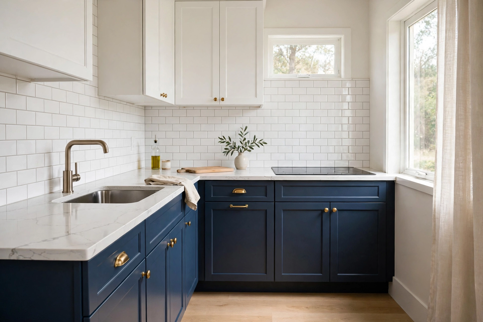 Cabinet and countertop color combinations in a small kitchen with white upper cabinets, deep navy lower cabinets and a white quartz countertop