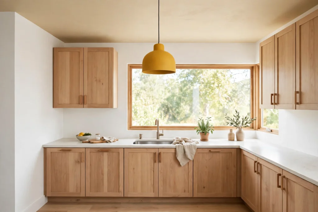 Small kitchen with a warm cream ceiling, white walls and a mustard yellow pendant light