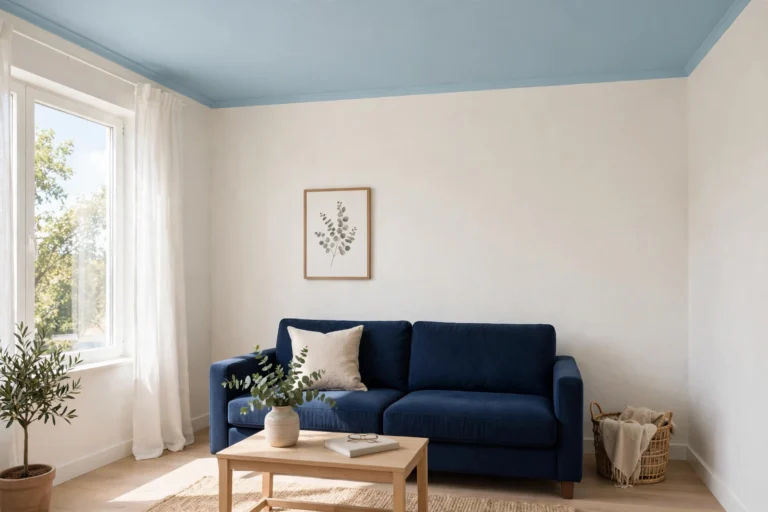 Small living room with a pale sky blue ceiling, white walls and a navy sofa, one of the best ceiling colors for small rooms