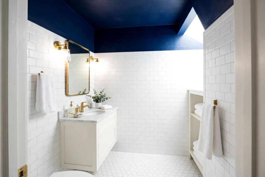 Small bathroom with a deep navy blue ceiling and white subway tiles