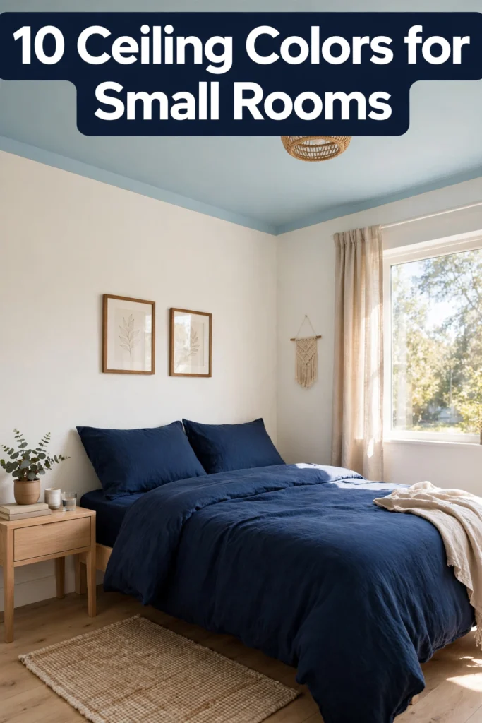 Pinterest pin: 10 ceiling colors for small rooms, pale blue ceiling bedroom with navy bedding