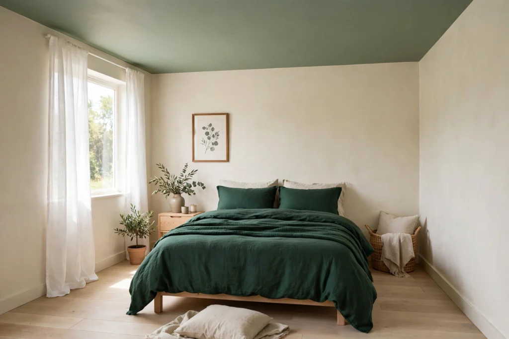 Small bedroom with a soft sage green ceiling and cream walls