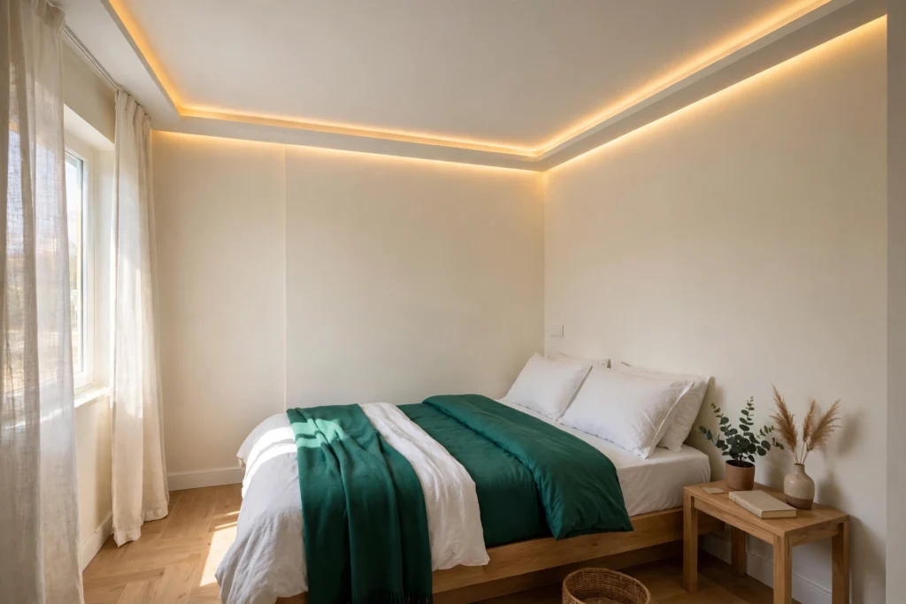 Small bedroom with a slim perimeter false ceiling border and warm cove lighting above the bed