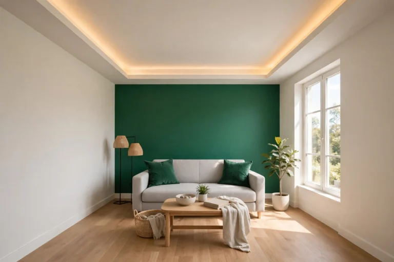 False ceiling designs for small rooms: small living room with a shallow tray ceiling, warm cove lighting and an emerald green accent wall