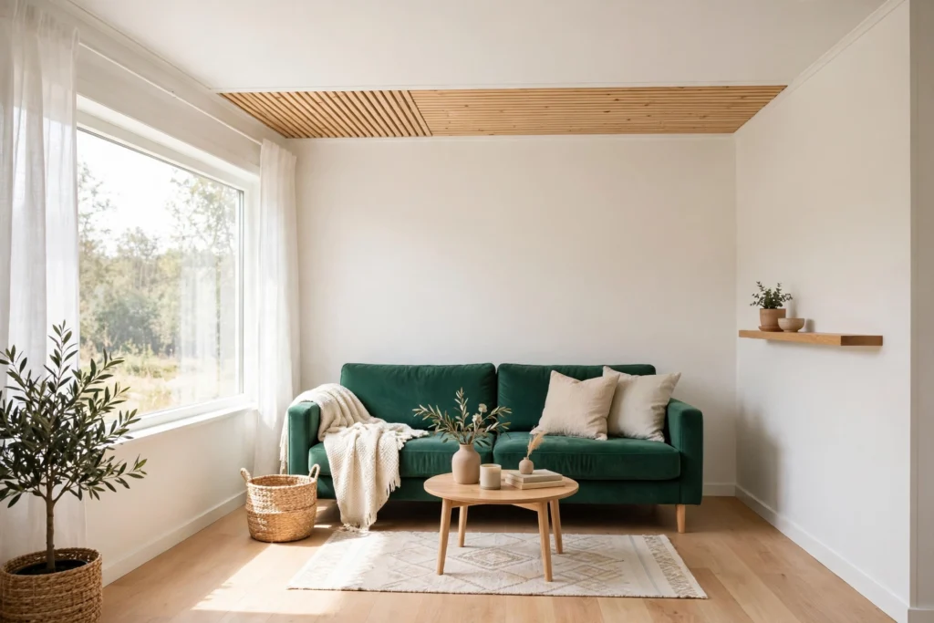 Wood slat accent strip on a white ceiling in a small living room with an emerald green sofa