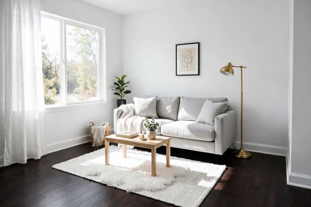 Cool white walls with dark espresso wood floors in a small living room