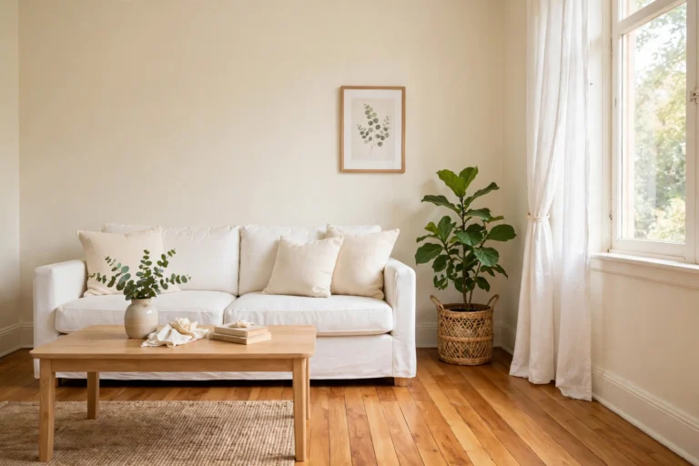 Floor and wall color combinations: warm ivory walls with honey-toned oak floors in a small living room