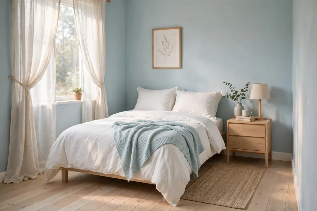 Pale blue walls with light wood floors in a small bedroom, a floor and wall color combination that feels airy