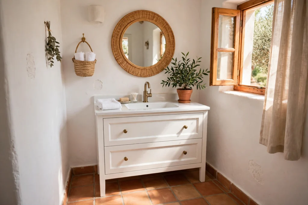 Warm white walls with terracotta tile floors in a small bathroom