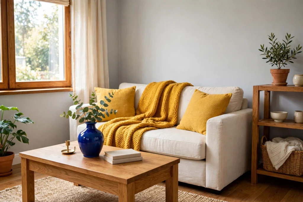 Grey walls with warm oak furniture and a cream sofa in a small living room