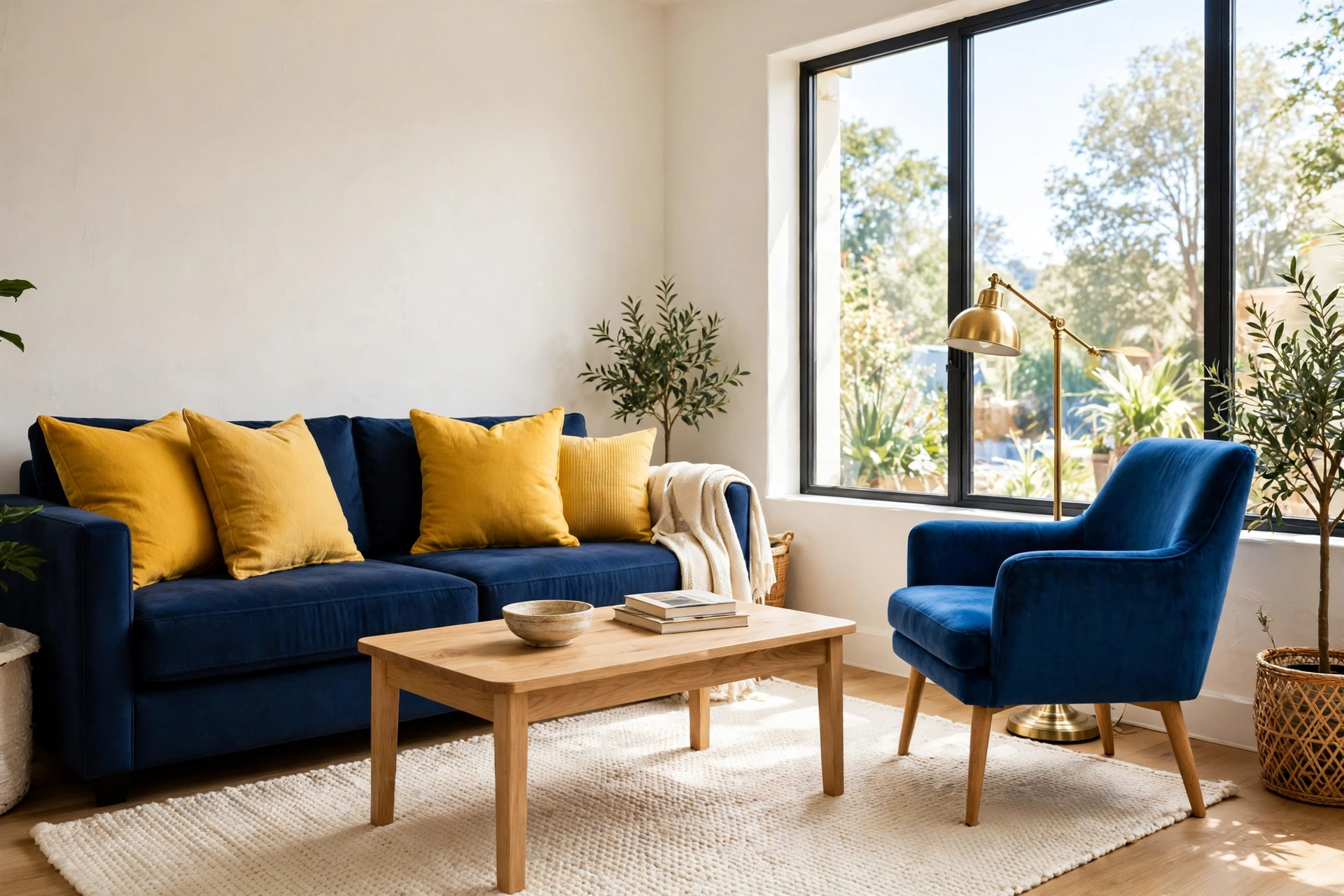 Furniture and wall color combinations: navy sofa with mustard cushions against warm white walls in a small living room