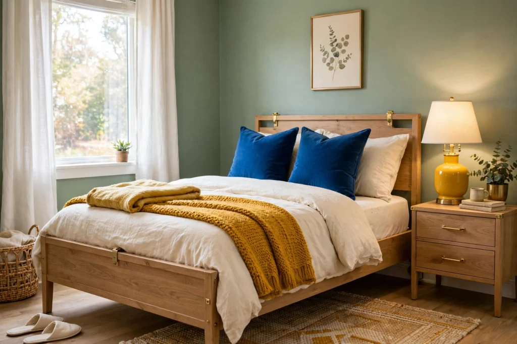 Sage green bedroom walls with a light oak bed frame and cream bedding
