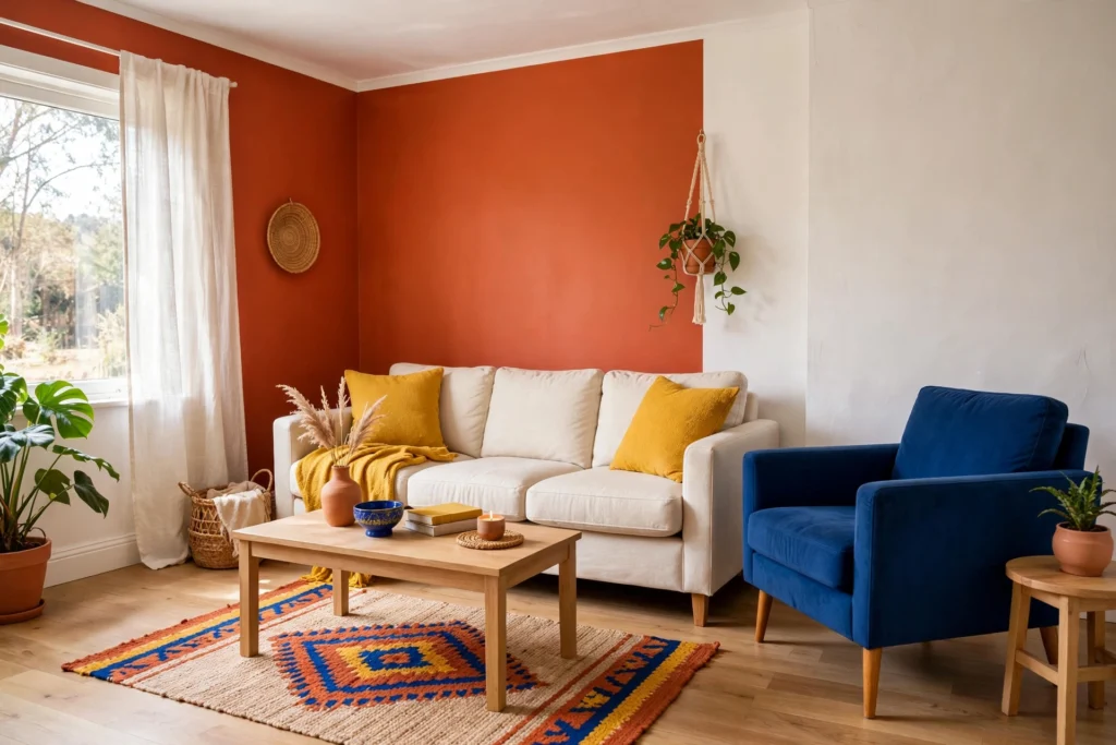 Terracotta accent wall with a cream sofa and mustard cushions in a small living room