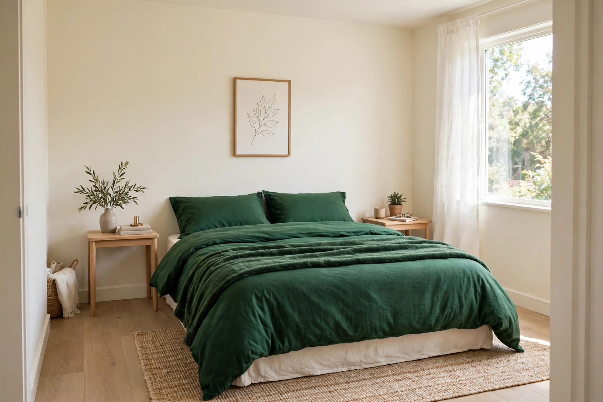 Small bedroom with deep green bedding and slim nightstands leaving clear walking space around the bed