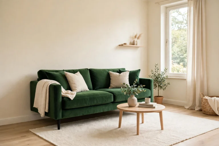 Furniture arrangement mistakes fixed in a small living room with a deep green sofa floated off the cream wall