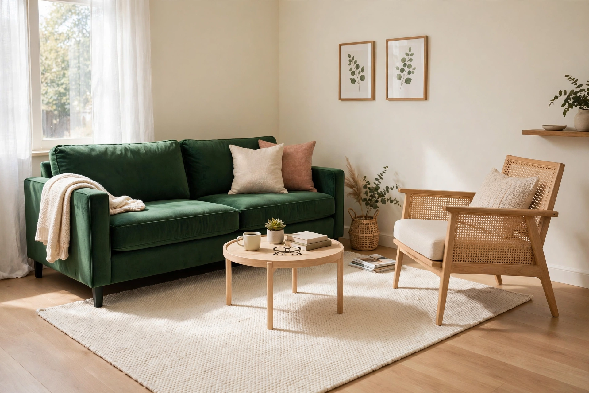 Large cream rug under the front legs of a deep green sofa and a cane chair in a small living room