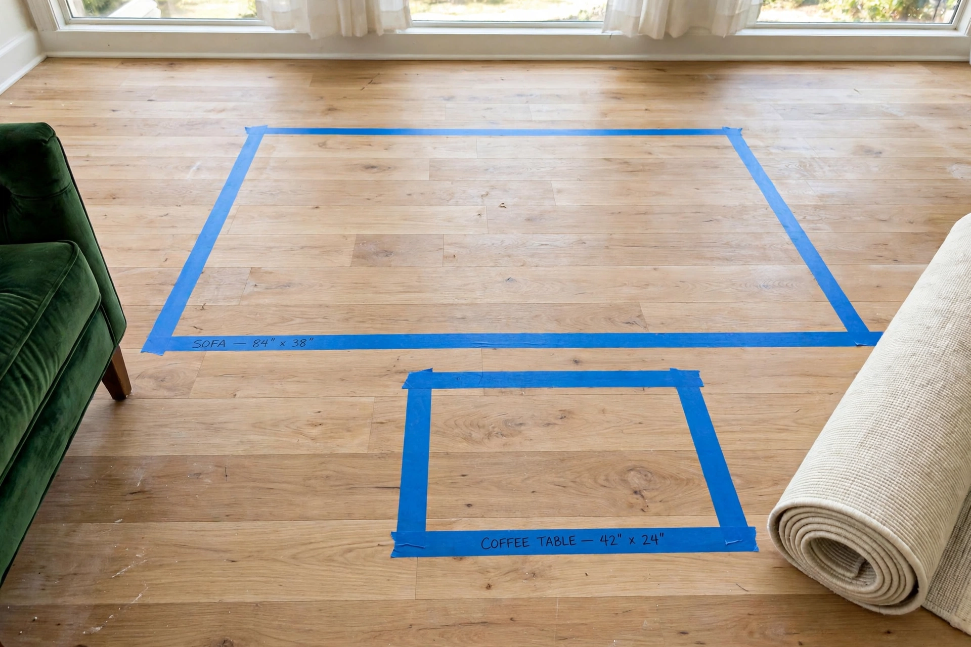 Blue painter's tape marking a sofa and coffee table footprint on a living room floor