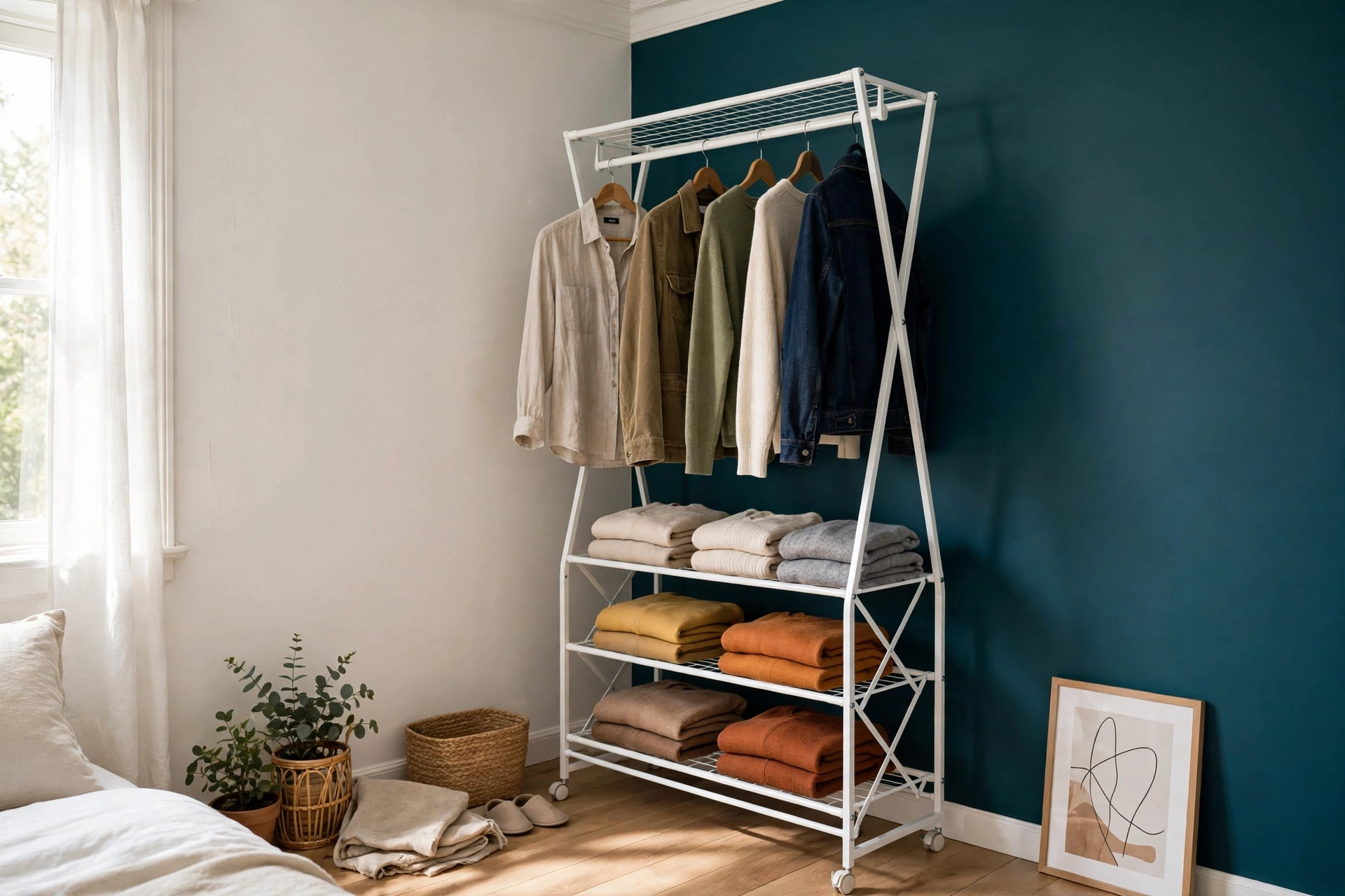 freestanding expandable closet rack with hanging clothes in a small bedroom corner