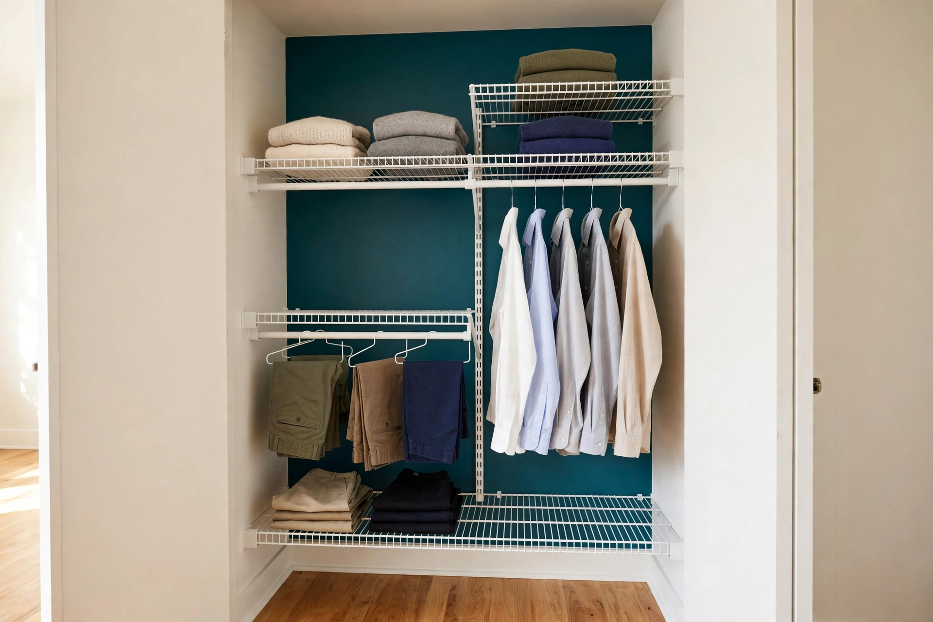 best reach in closet systems in a small white reach-in closet with a deep teal accent wall