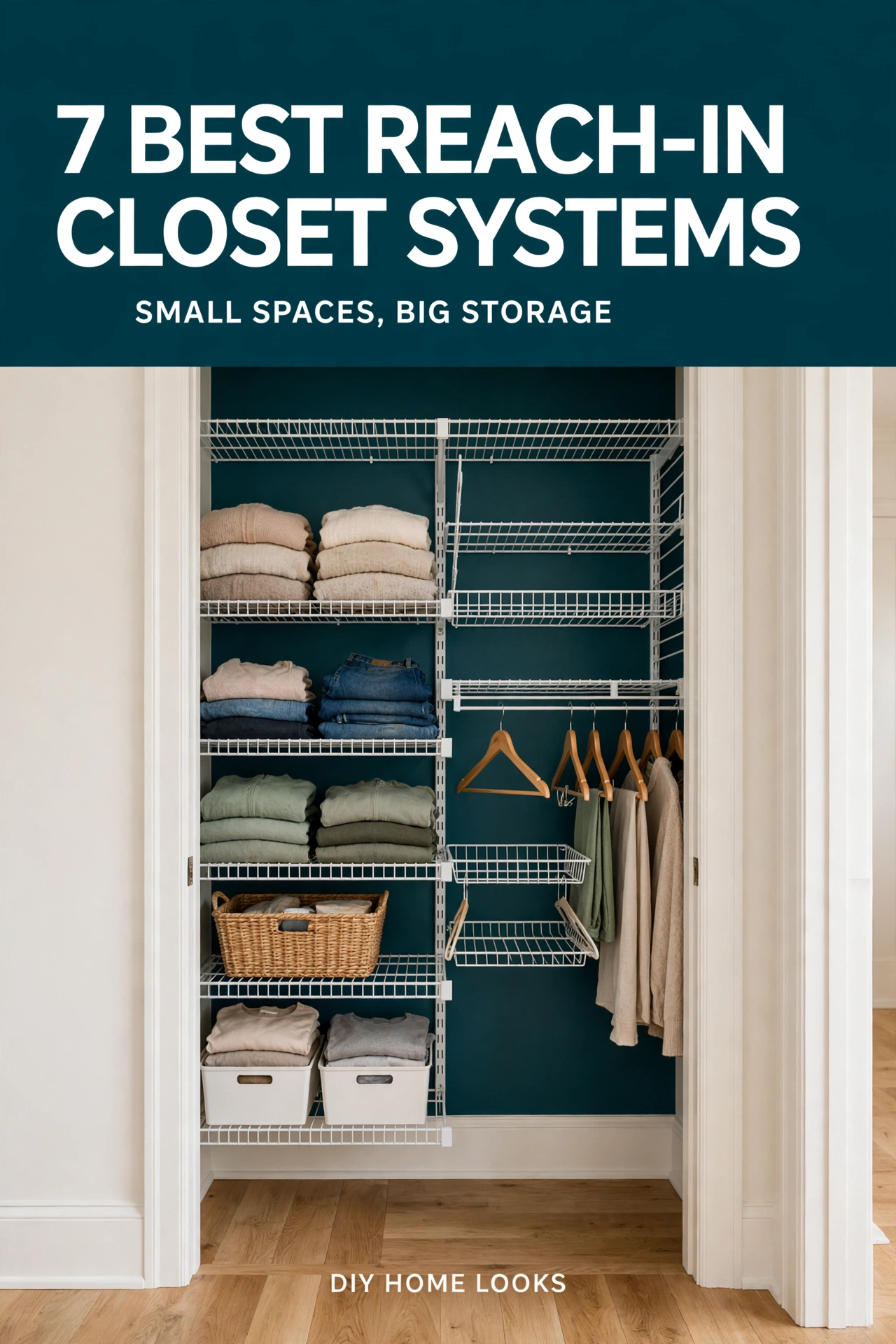 best reach in closet systems pin for small spaces with bold teal and cream design
