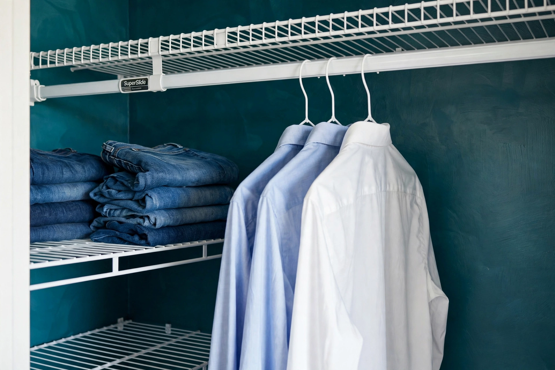 white wire closet system with double hanging rods and folded clothes in a small reach-in closet