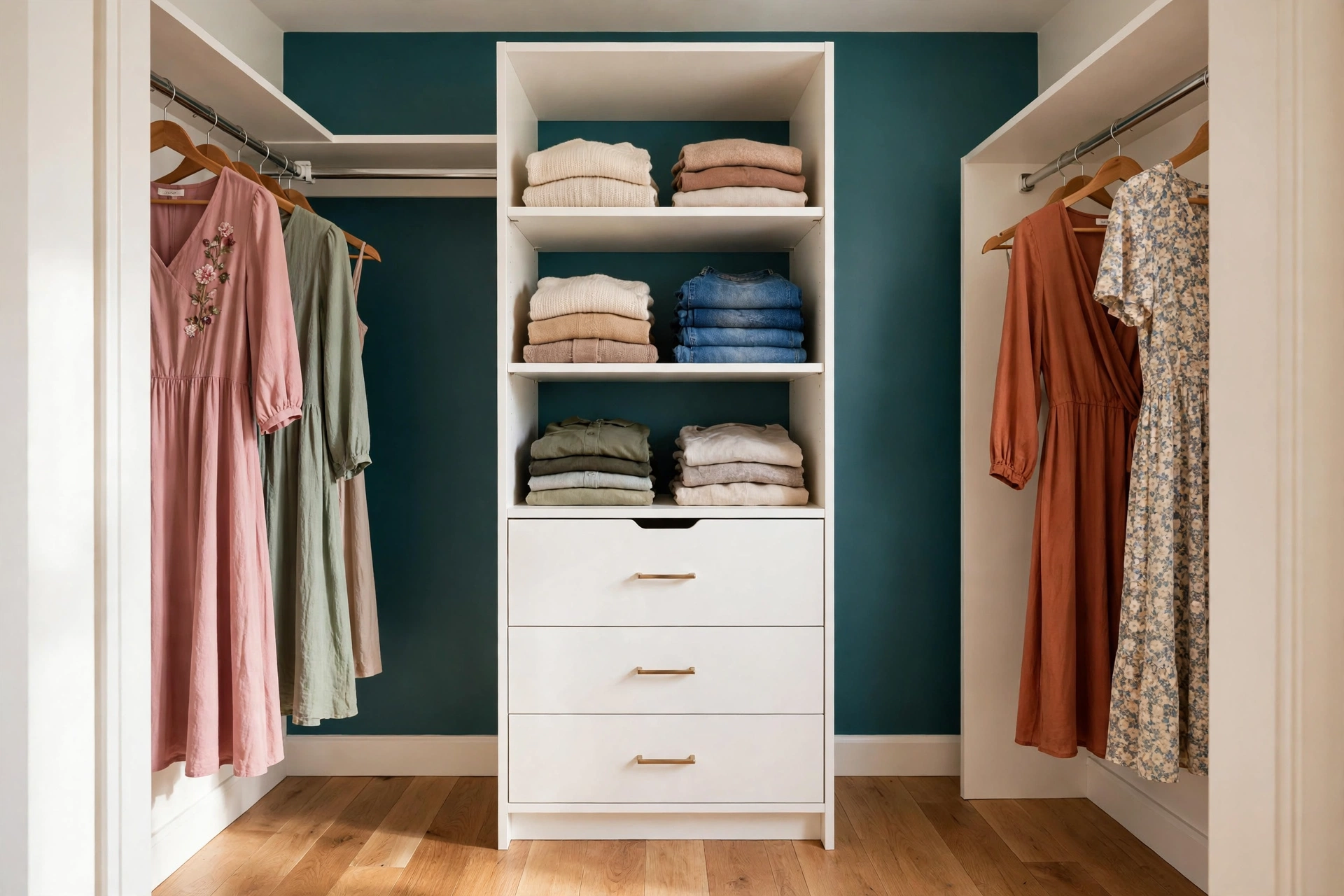 white laminate closet tower with drawers beside hanging clothes in a small closet