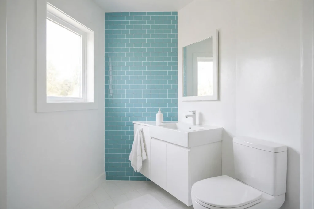 Small bathroom with white walls and aqua blue tiled accent wall, satin paint finish