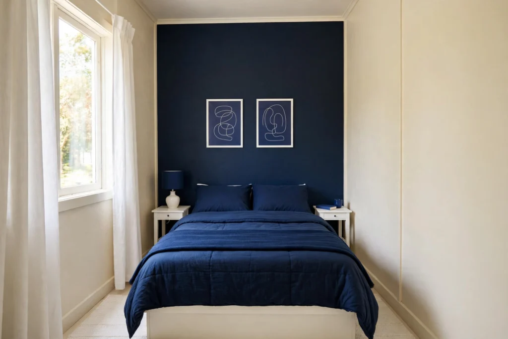 Small bedroom with cream walls and navy blue accent wall behind the bed, eggshell paint finish