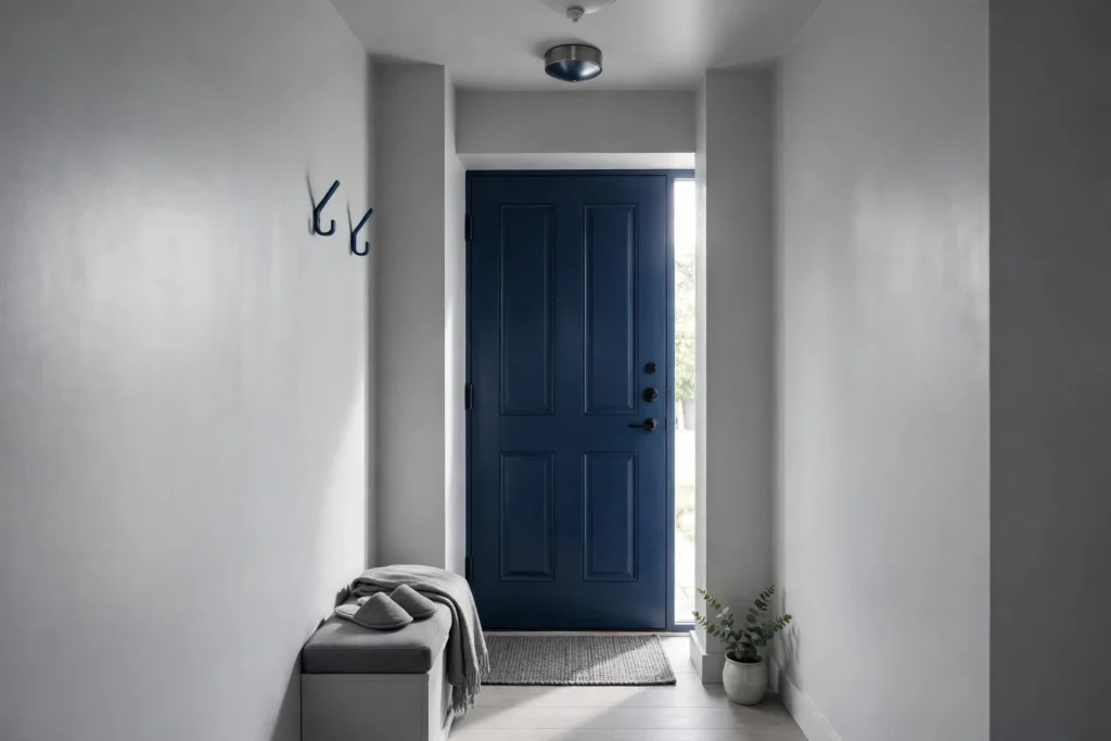 Small hallway with light grey walls and deep navy blue front door, satin paint finish
