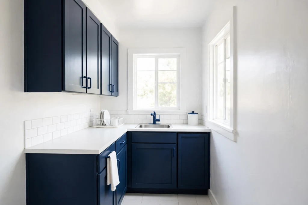 Small kitchen with white walls and navy blue cabinets, satin paint finish