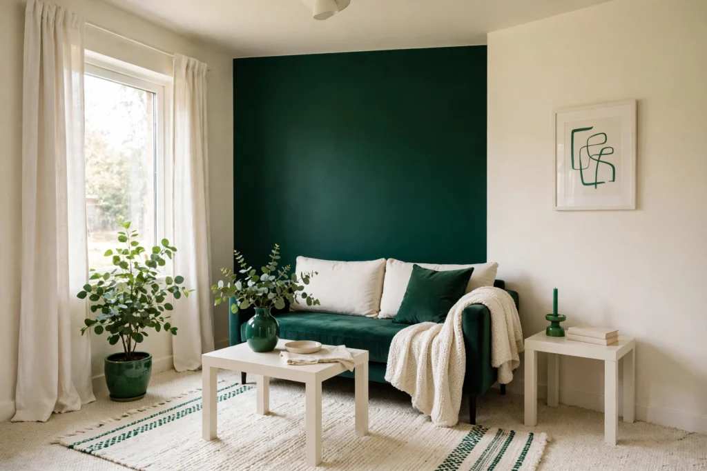 Small living room with off-white walls and deep emerald green accent wall, eggshell paint finish
