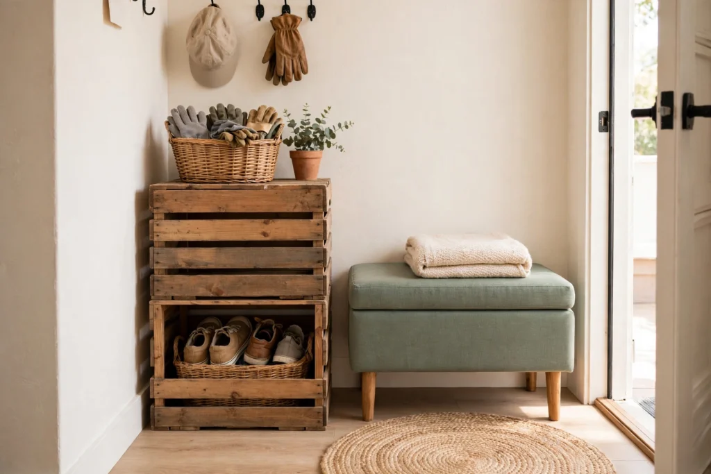 DIY entryway shoe rack made from wooden crates with woven storage baskets