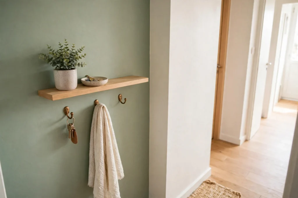 Sage green entryway accent wall with floating shelf, plant and brass hooks
