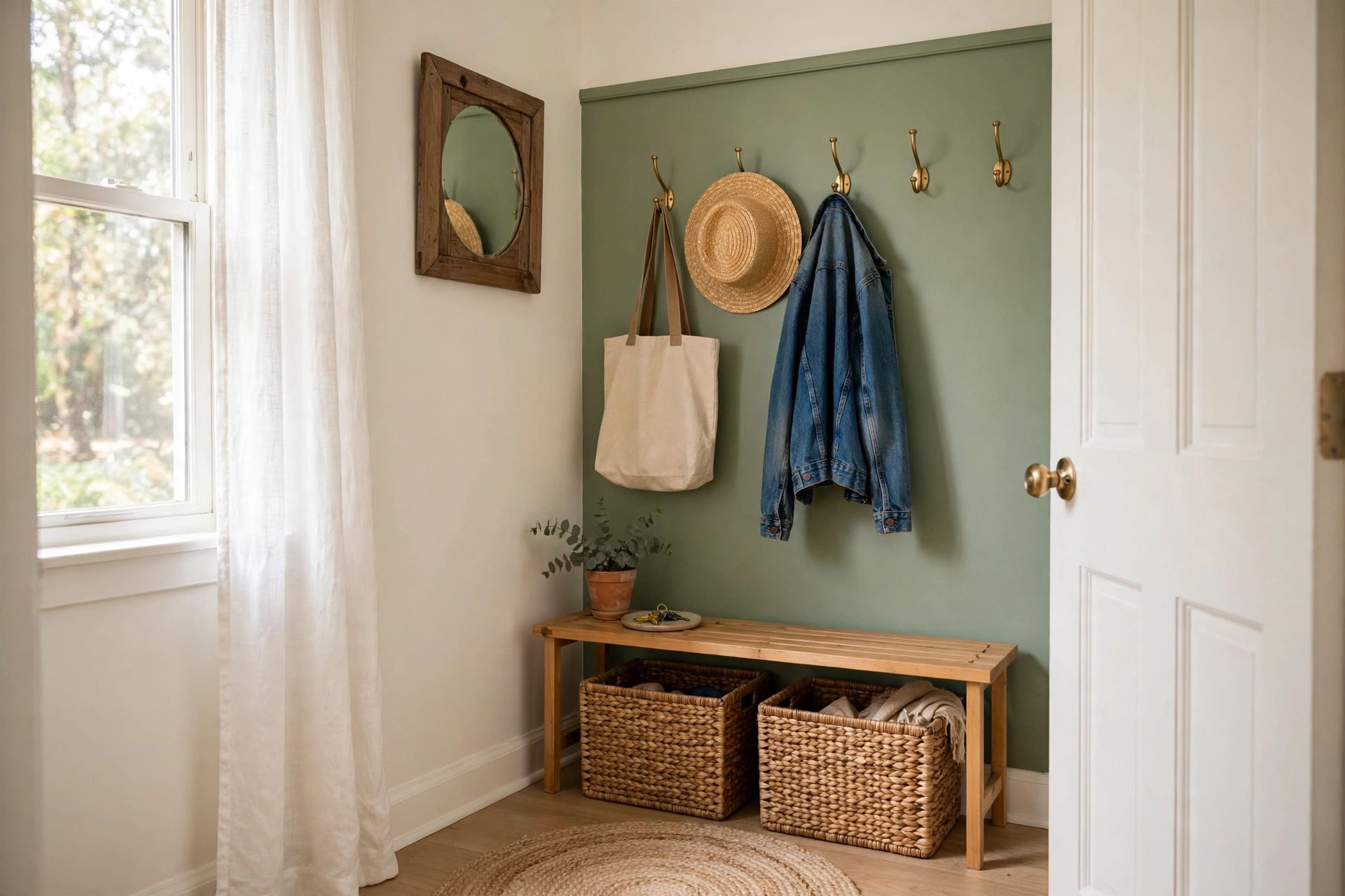 Small entryway makeover with sage green accent wall, wooden bench, brass hooks and jute rug