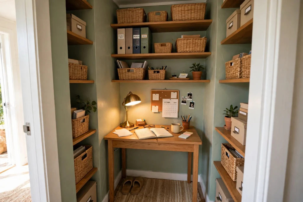 Walk-in closet converted into a tiny home office with sage-green walls