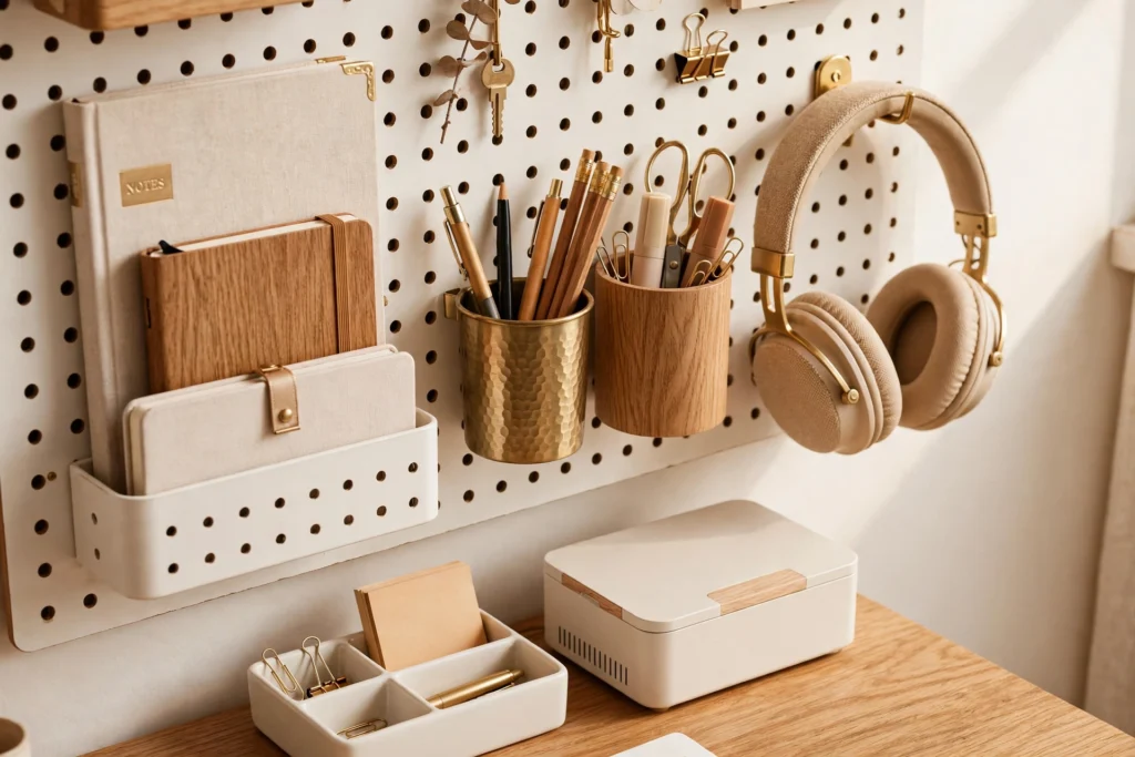 Pegboard organizer above a small desk holding notebooks, headphones and office supplies