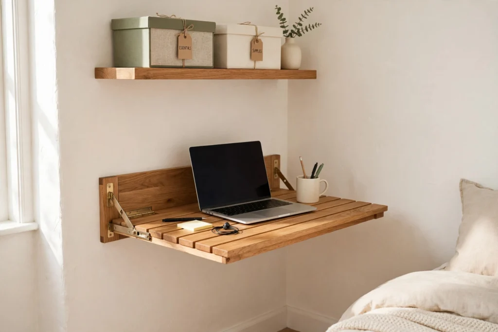 Fold-down wall-mounted desk half-open in a small bedroom corner