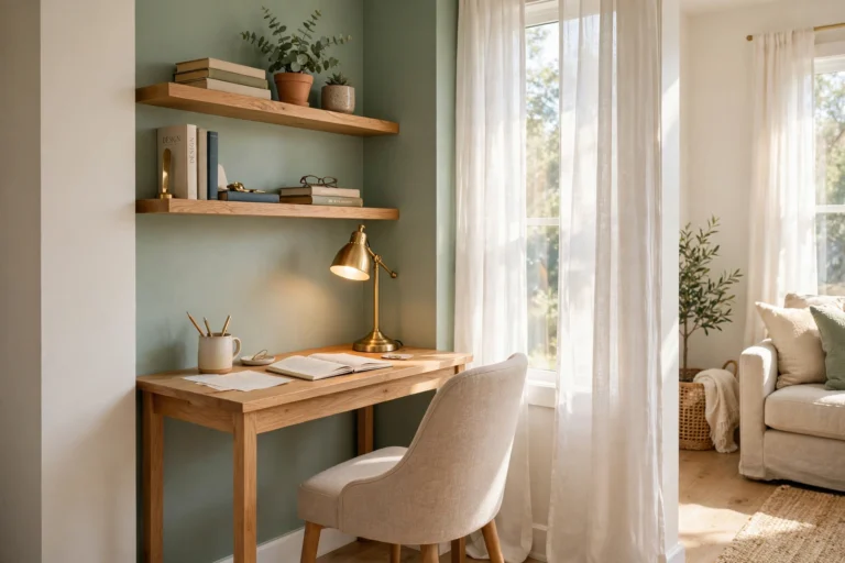 Small home office nook with slim oak desk, eucalyptus-green accent wall, brass lamp and floating shelves