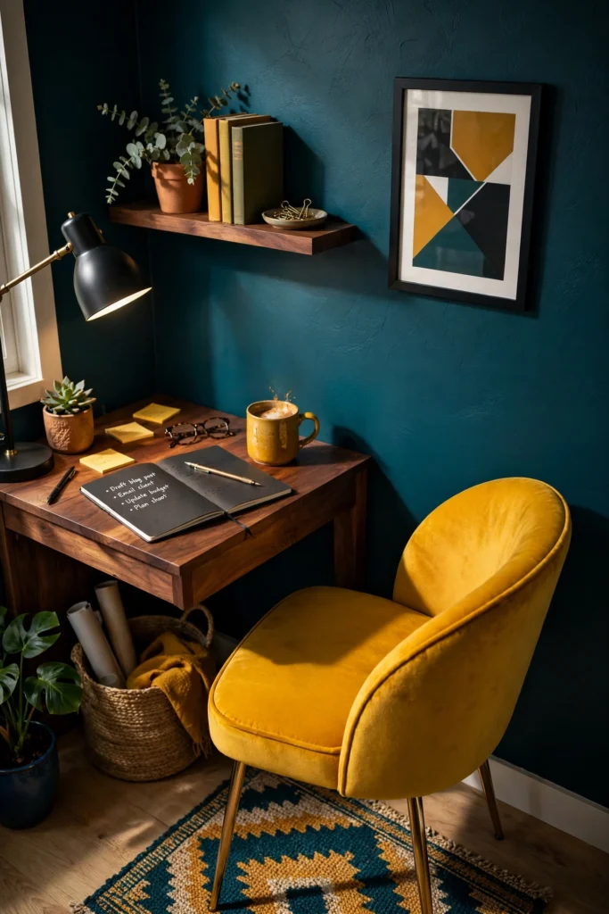 Bold teal and mustard small home office — Pinterest pin