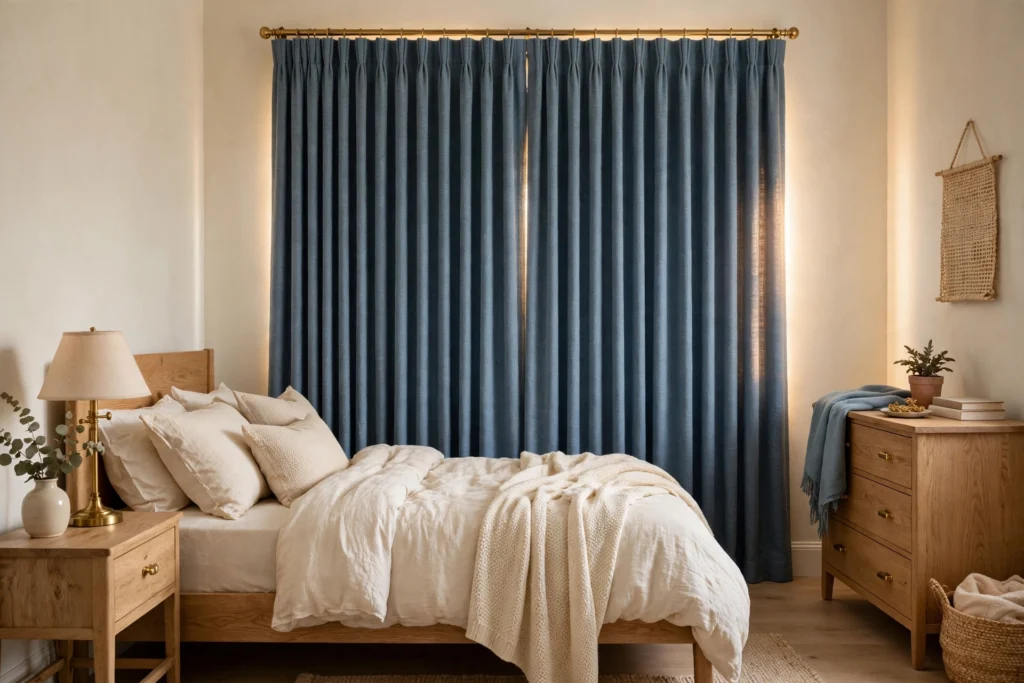 Dusty blue triple-weave blackout curtains drawn closed in a small cozy bedroom