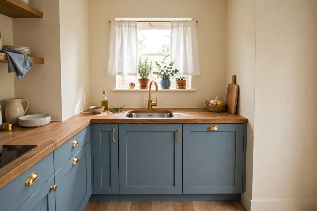 White cafe curtains on a small kitchen window above the sink in a bright small kitchen