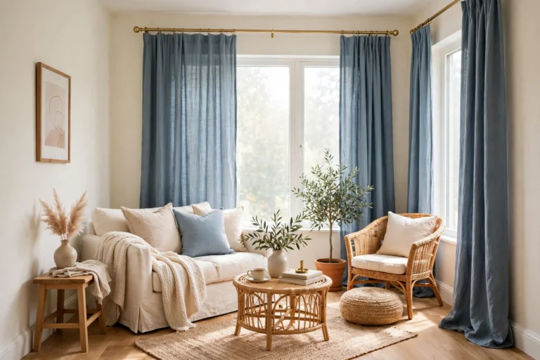 Floor-length dusty blue faux-linen curtains hung high and wide in a bright small living room with warm ivory walls and natural oak floor