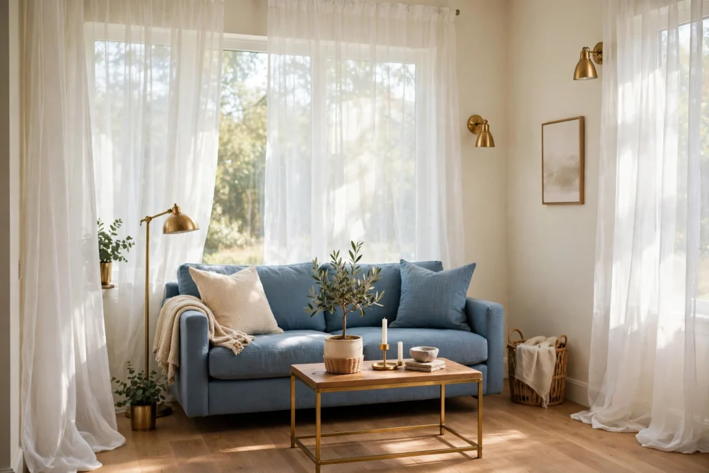 Sheer white voile curtains filtering soft sunlight in an airy small living room with a dusty blue sofa