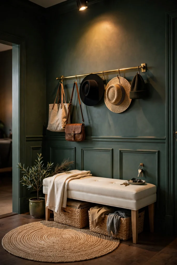 Bold entryway makeover ideas under $100, deep green entryway with brass hooks