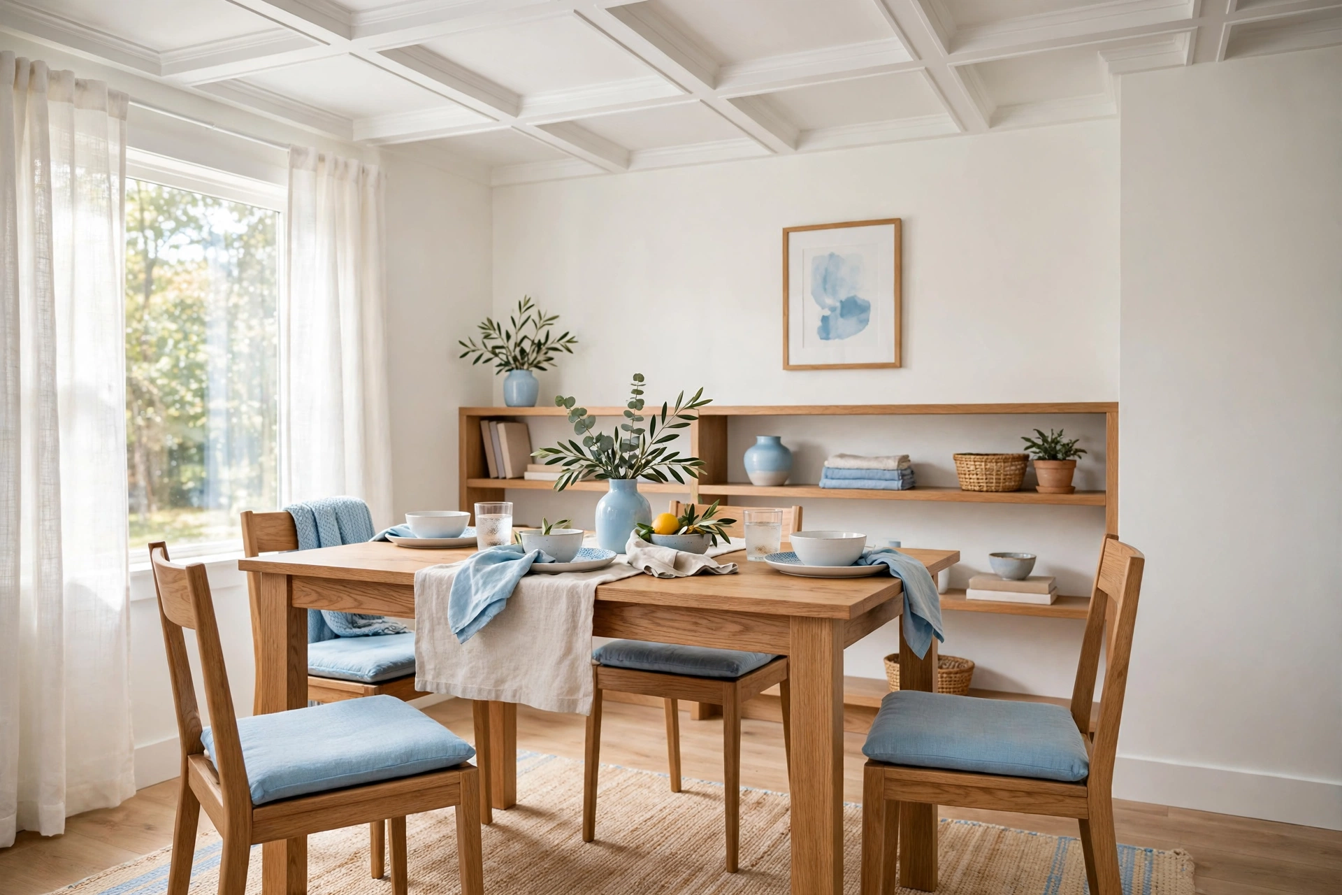 Small dining room with a shallow white coffered ceiling grid