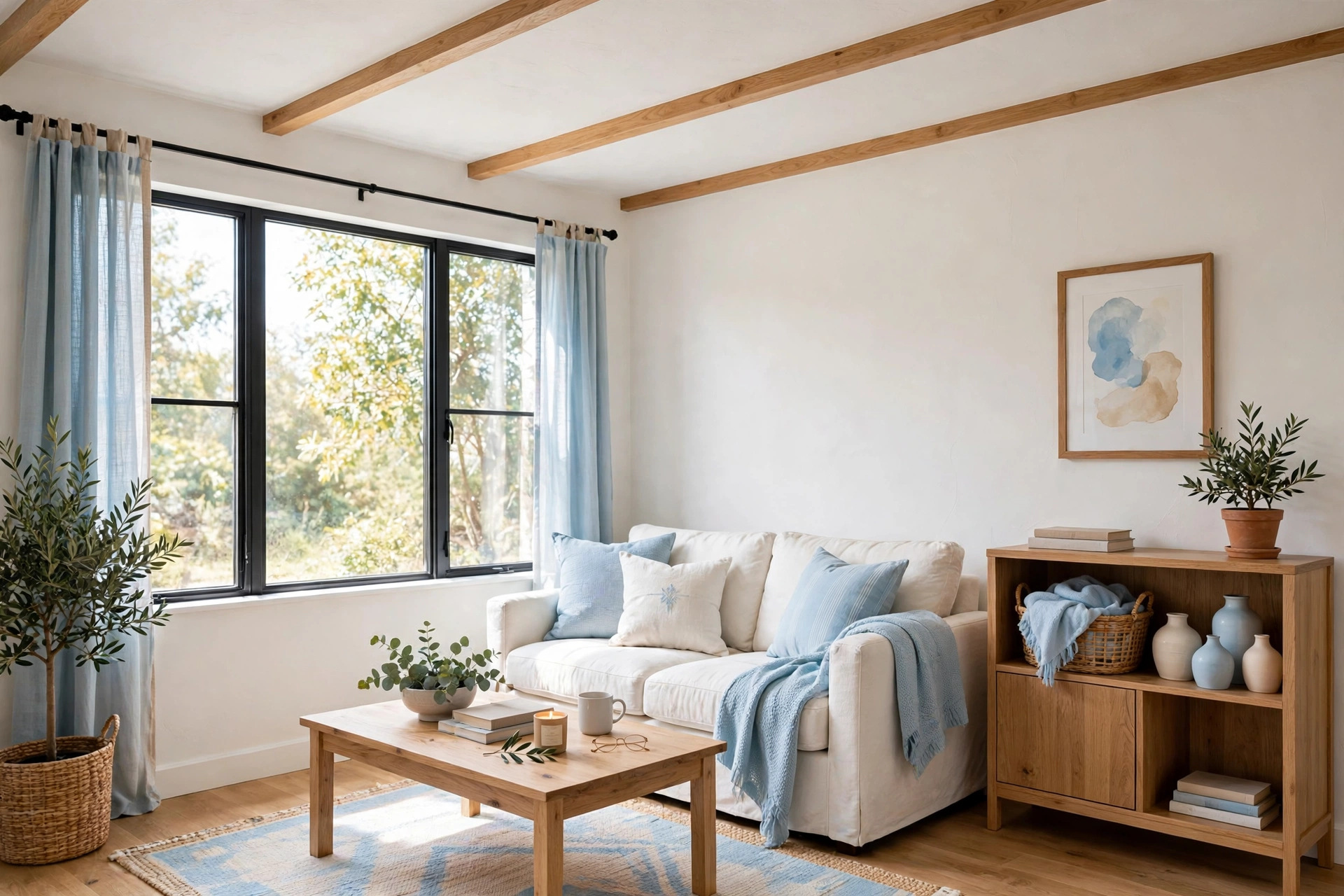 Small living room with slim natural oak faux beams on a white ceiling